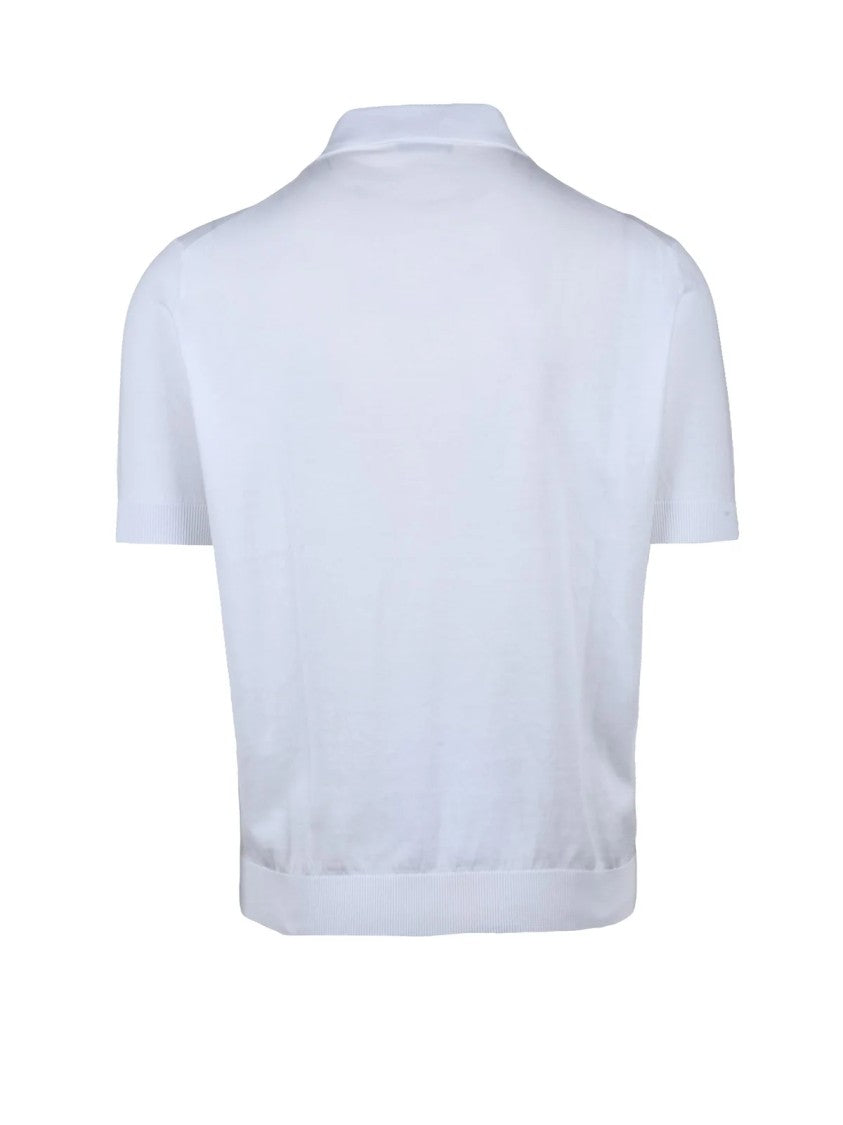 Filippo De Laurentiis White Ribbed Trim Cotton Knit Polo Shirt
