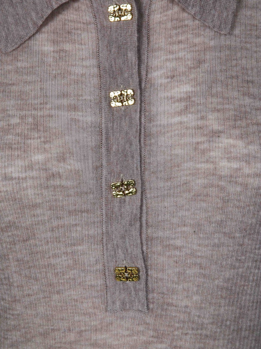 Ganni Sheer Ribbed Wool Gold-Button Polo Top