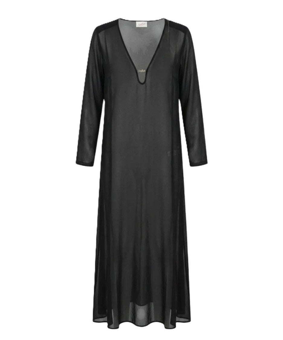 Mc2 Saint Barth Sheer Black Maxi Dress With Deep V-Neckline