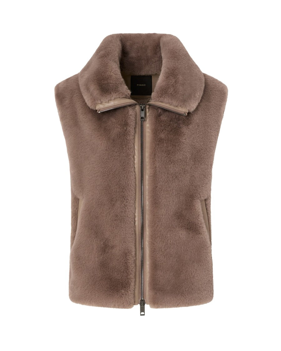 Pinko Fur-Effect Vest With Zip In Beige/Zen Biscuit