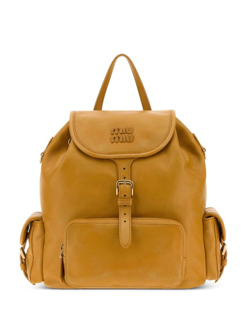 Miu Miu Brown Structured Lamb Leather Buckle Backpack