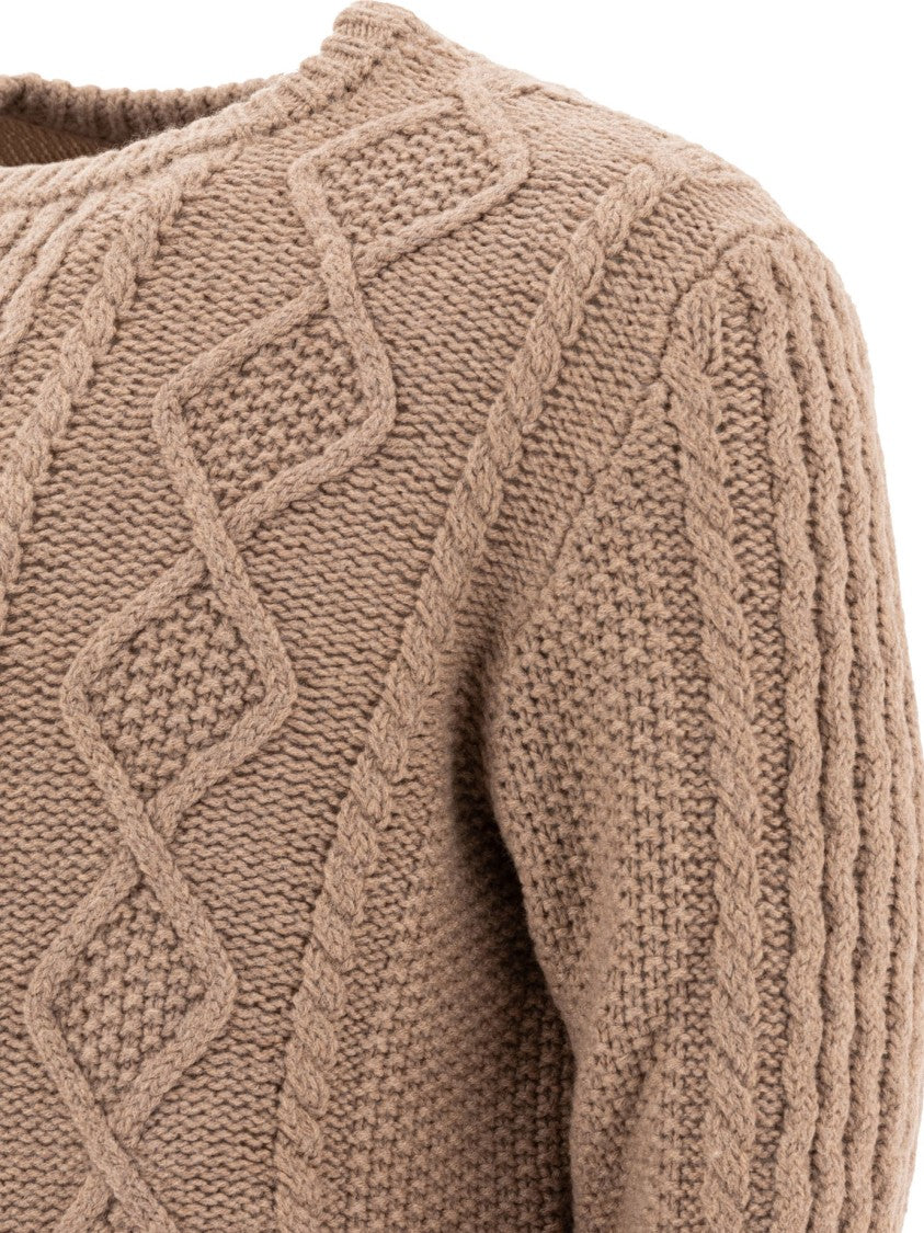 Rakki' Brown Cable Knit Crew Neck Sweater In Merino Wool