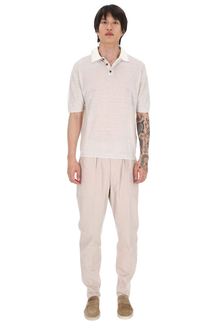 Eleventy Beige Linen-Cotton-Cashmere Double-Collar Polo Shirt