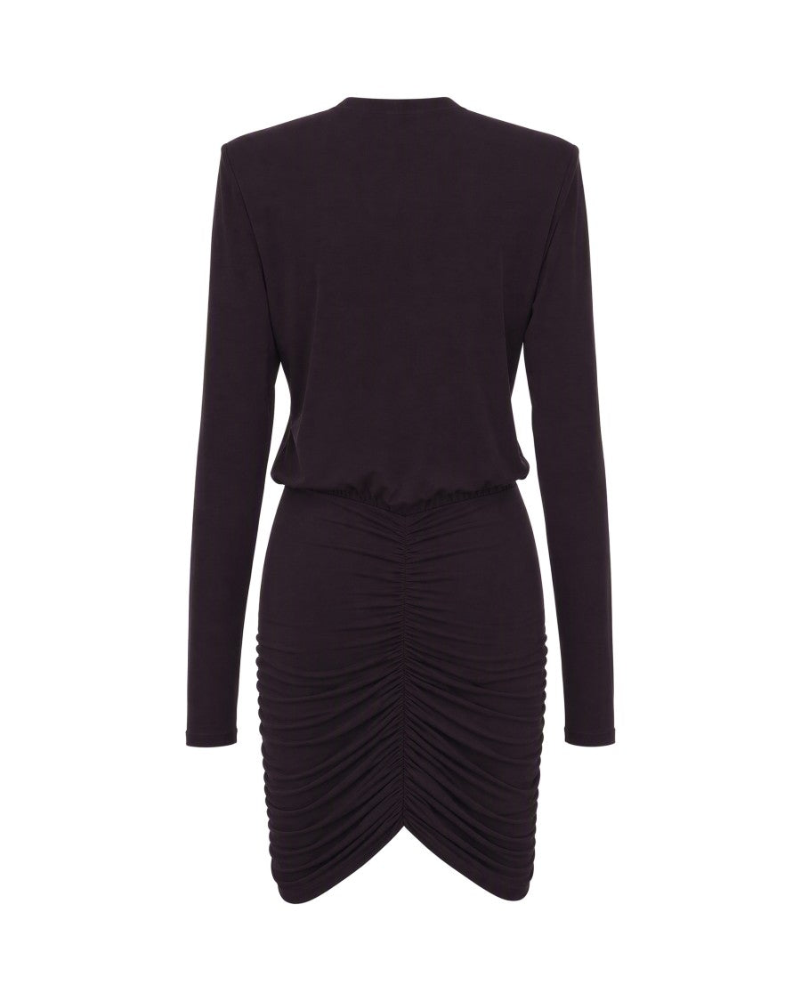 The Andamane Burgundy Structured Shoulder Ruched Viscose-Blend Mini Dress
