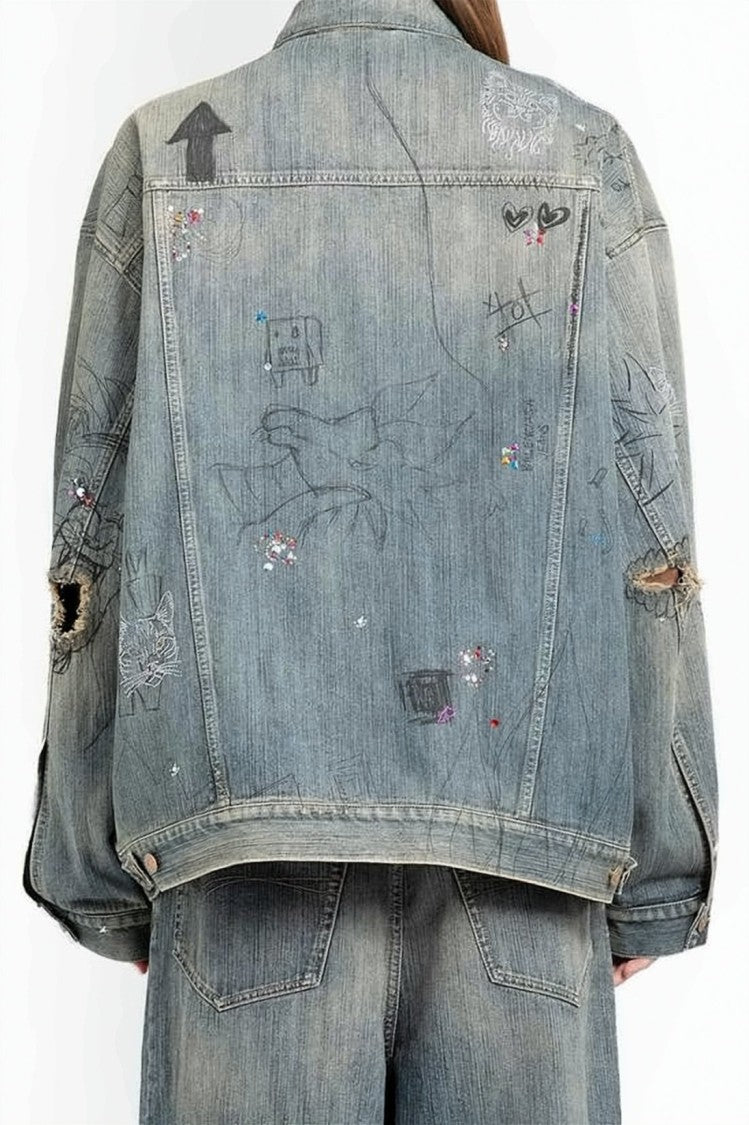 Balenciaga Relaxed Denim Jacket With Graffiti Art And Distressed Finish