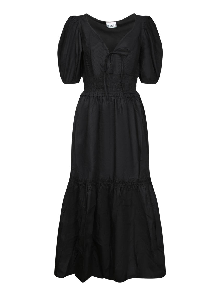 Ganni Poplin Midi Dress With Balloon Sleeves And Delicate Front Knot