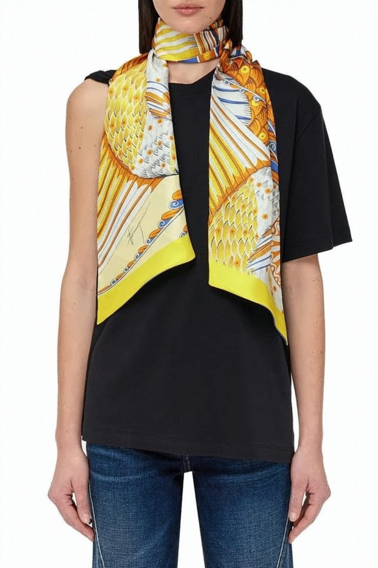 Salvatore Ferragamo Intricate Fish Print Silk Scarf With Pointed Ends