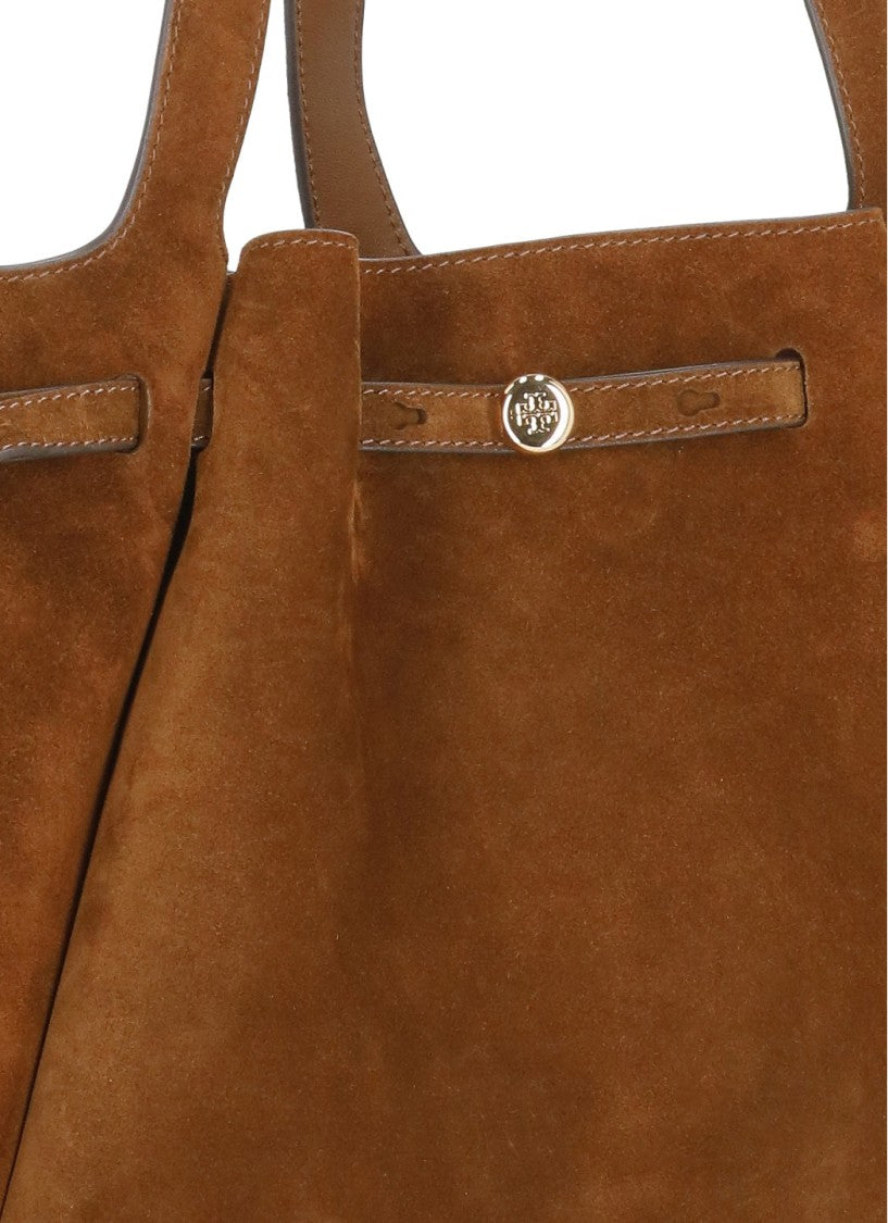 Tory Burch Brown Suede Gold Logo Trapezoidal Shoulder Bag