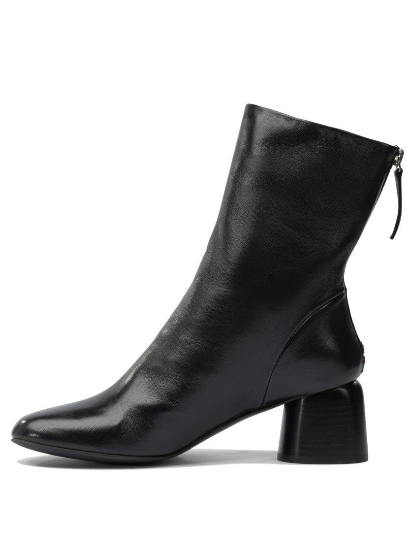 Halmanera Pointed Toe Black Calf Leather Ankle Boots With Cylindrical Block Heel