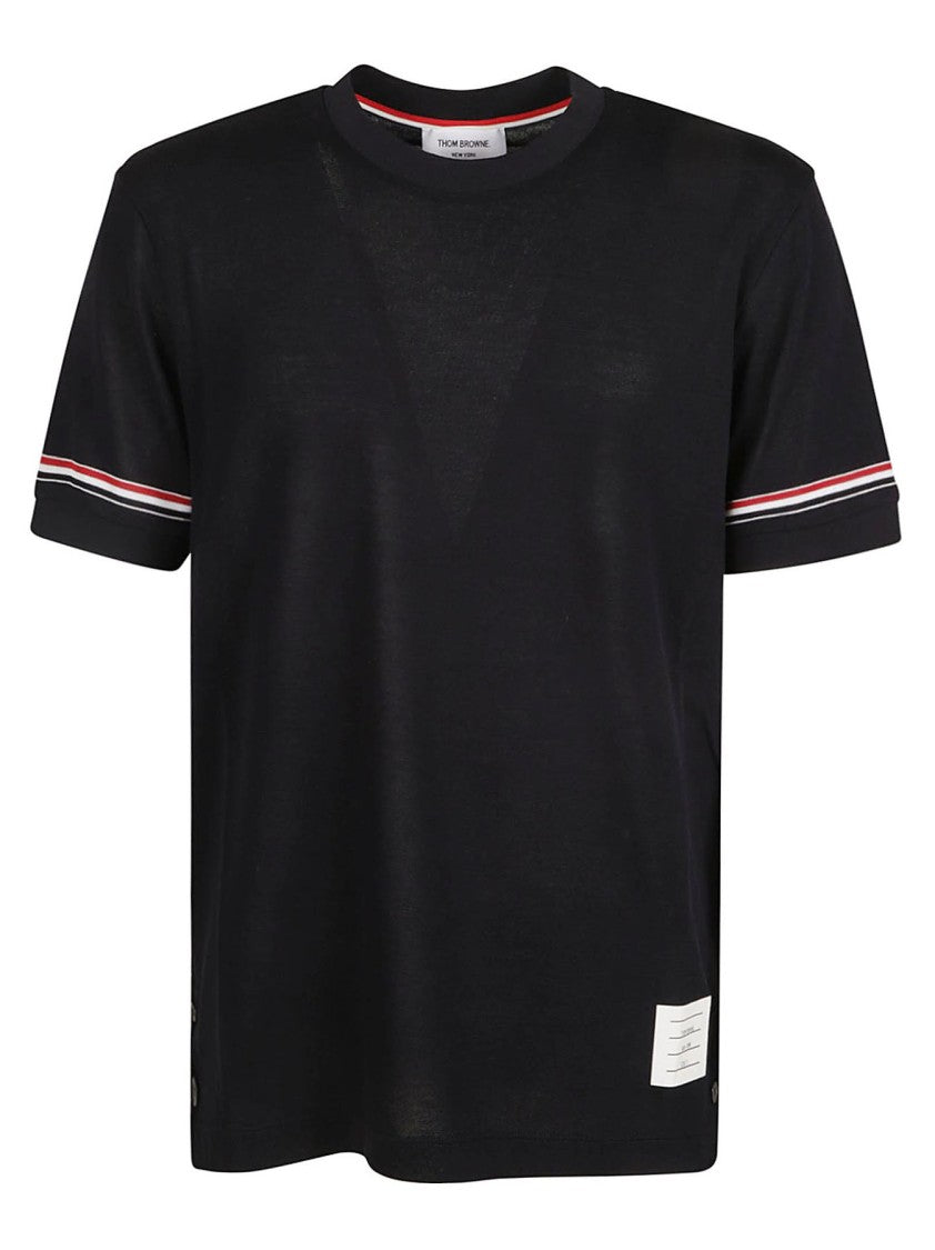 Thom Browne Short-Sleeve Blue T-Shirt With Signature Stripe Accents