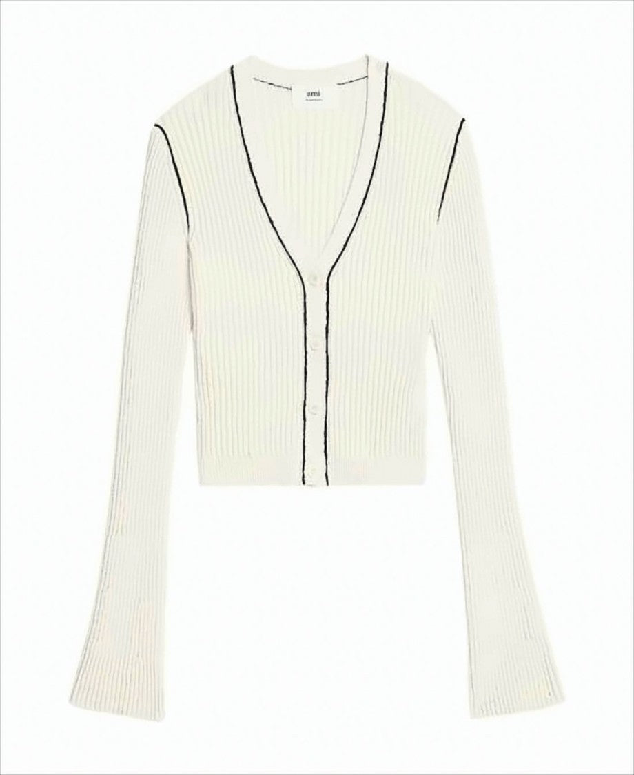 Ami Paris Ribbed Knit Cardigan With Cropped Silhouette