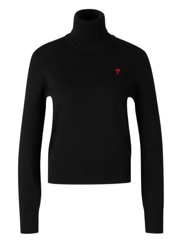 Ami Paris Fitted Black Turtleneck Sweater With Embroidered Heart Detail
