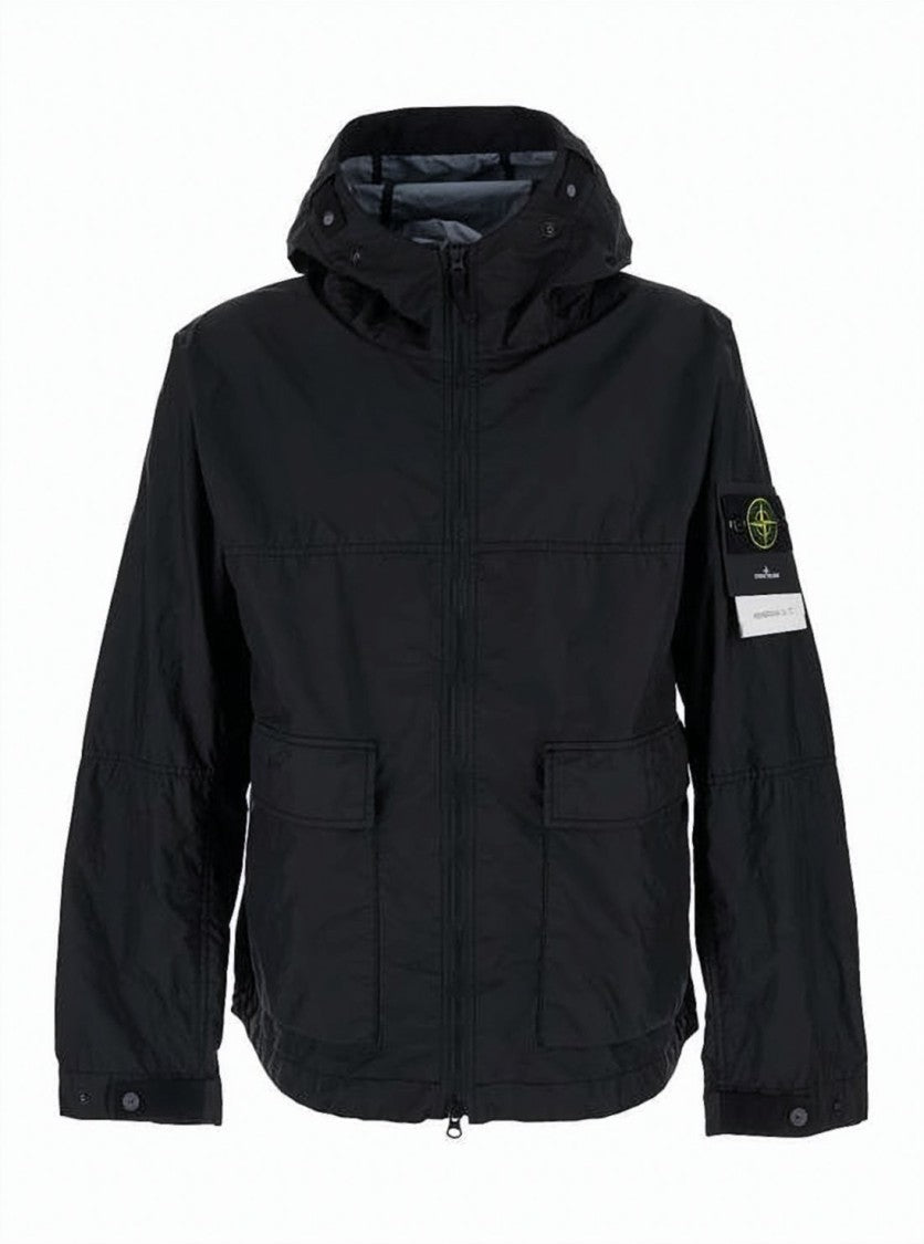 Stone Island Black Hooded Jacket With Logo Patch