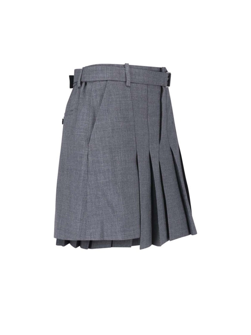 Sacai Grey Wool-Blend Belted Shorts