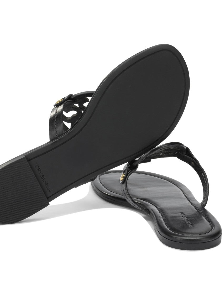 Tory Burch Cut-Out Circular Emblem Leather Sandals