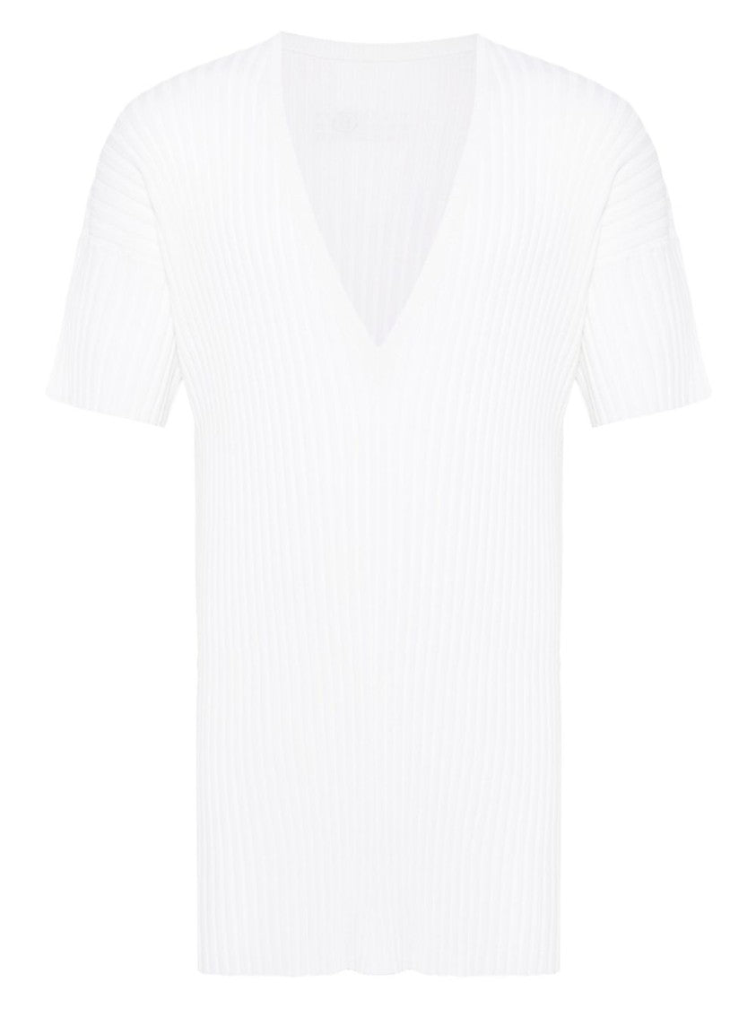 Mm6 By Maison Margiela Ribbed White Short-Sleeved Top With Deep V-Neckline