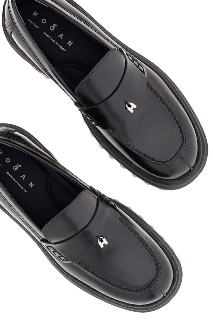 Hogan Classic Black Loafers With Metal 'H' Detail