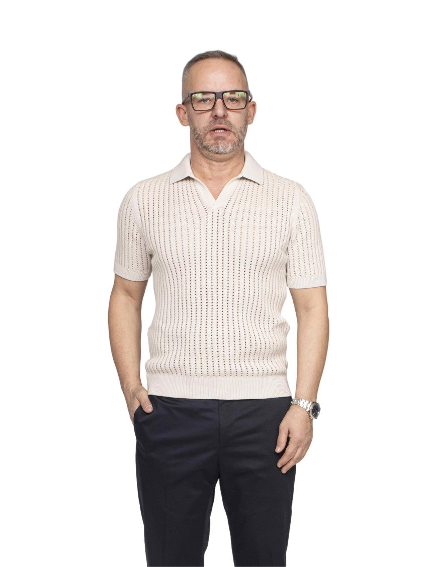 Mauro Ottaviani Textured Vertical Stripe Buttonless Polo Shirt