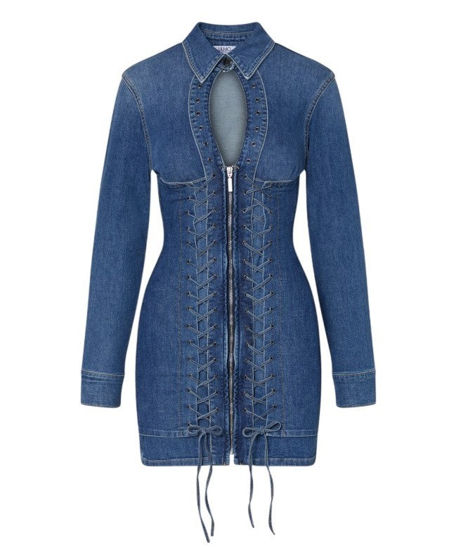 Liu Jo Fitted Short Denim Dress With Cut-Out And Lace-Up Detail
