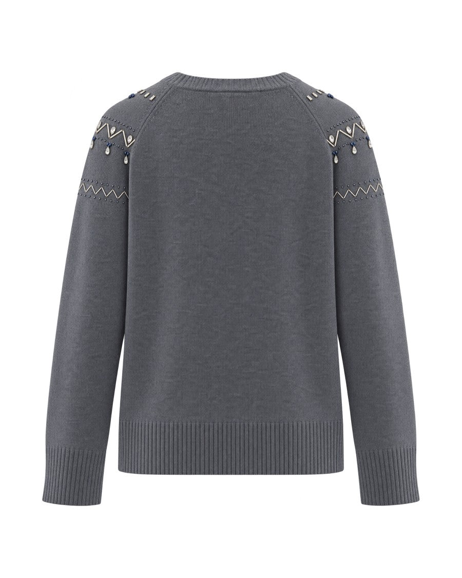 Liu Jo Gray Melange Crystal Embellished Wool Sweater