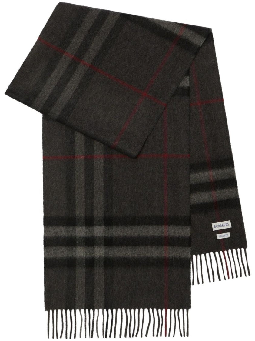 Burberry Grey Check Pattern Cashmere Fringing Scarf