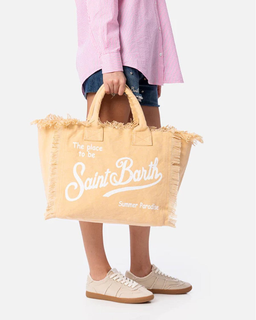 Mc2 Saint Barth Cotton Canvas Tote Bag With Fringed Edges And Printed Logo