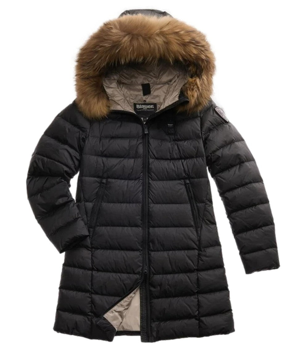 Blauer Long Quilted Fur Trim Fitted Coat