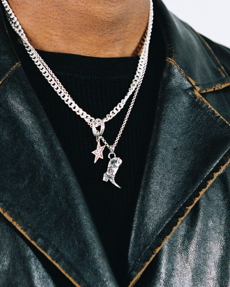 Two Jeys Bold Double Chain Necklace With Cowboy Boot And Star Pendants