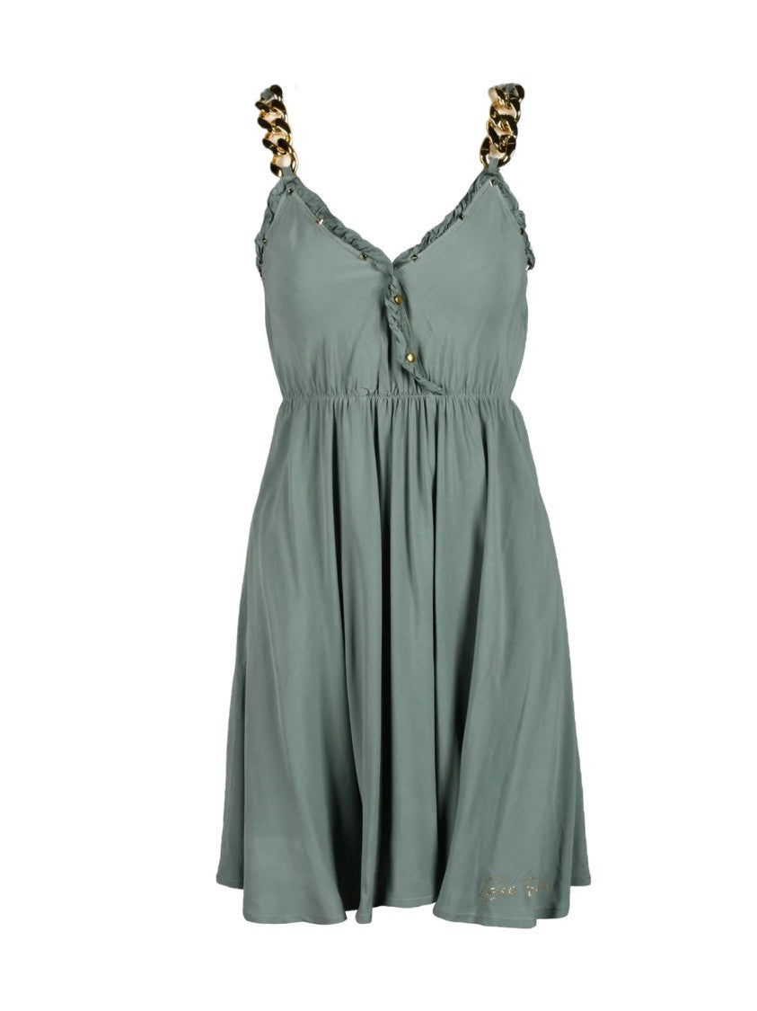 Gil Santucci Military Green Short Dress With Chain Straps And Gathered Bust