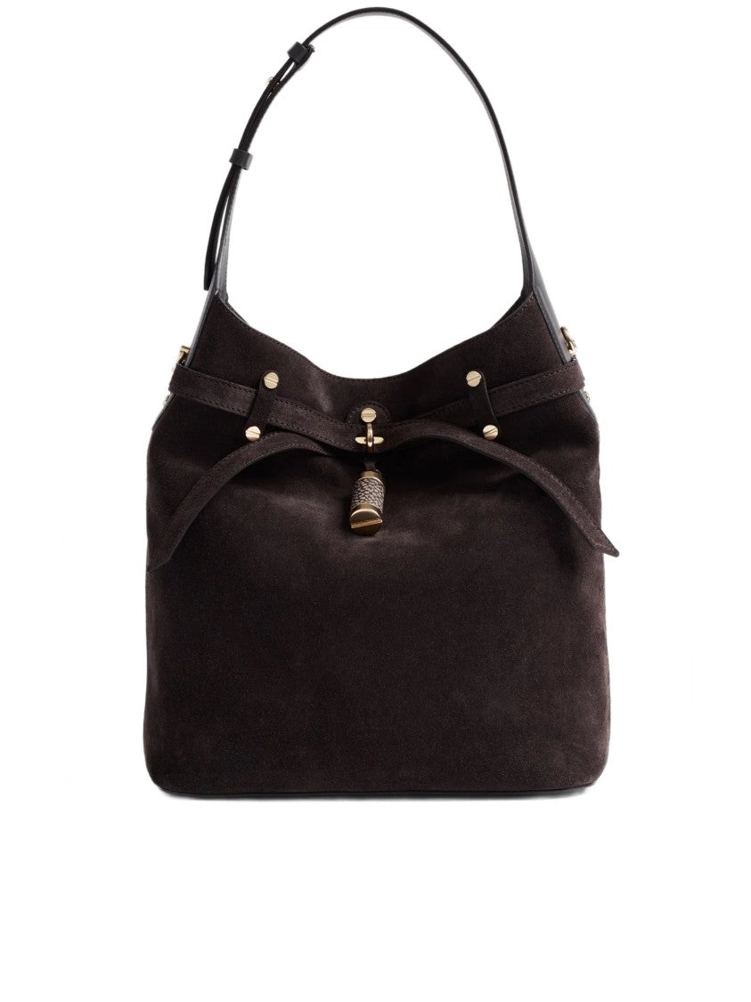 Borbonese Medium-Sized Bucket Bag In Soft Suede With Gold Accents
