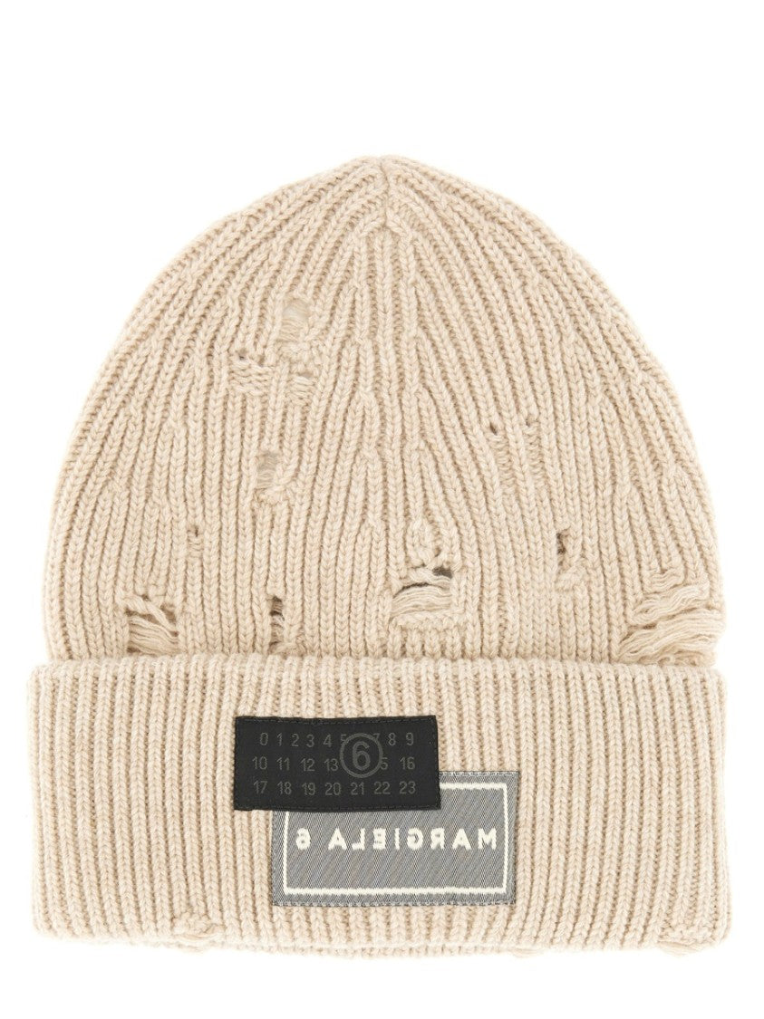 Mm6 By Maison Margiela Ribbed Beanie Hat With Distinctive Logo Patch