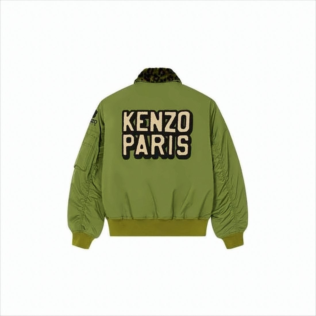 Kenzo Olive Green Bomber Jacket With Leopard Print Collar And Bold Lettering