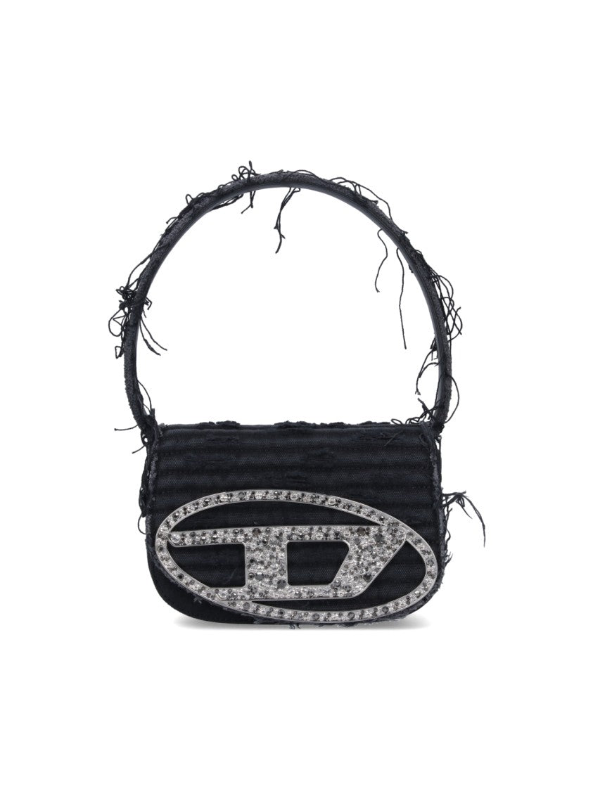 Diesel Quilted Black Cotton Shoulder Bag With Fringe And Rhinestone Details
