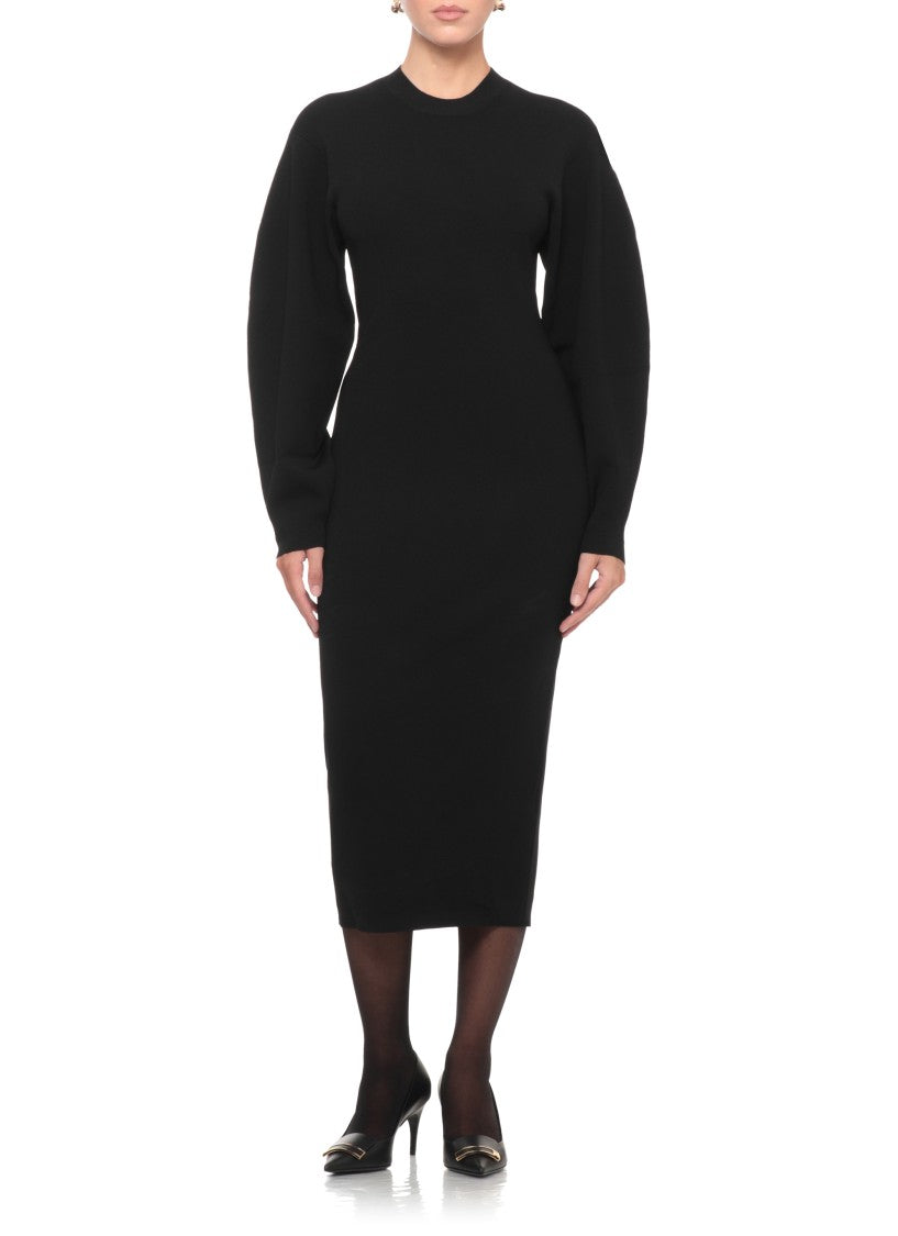 Loulou De Saison Black Puffed Sleeves Elasticated Detail Midi Dress