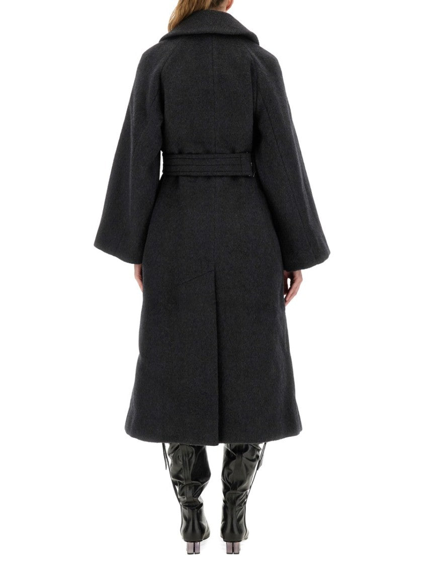 Ganni Charcoal Wool Coat With Wide Notched Collar And Asymmetrical Closure
