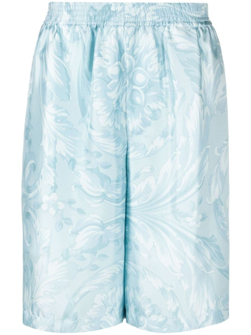 Versace Thigh-Length Baby Blue Silk Satin Shorts