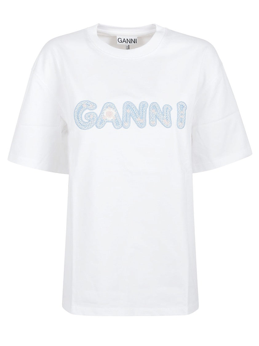 Ganni Embroidered White Short-Sleeved T-Shirt With Relaxed Fit