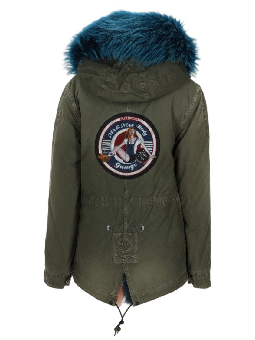 Mr & Mrs Italy Olive Green Parka With Blue Faux Fur Trim