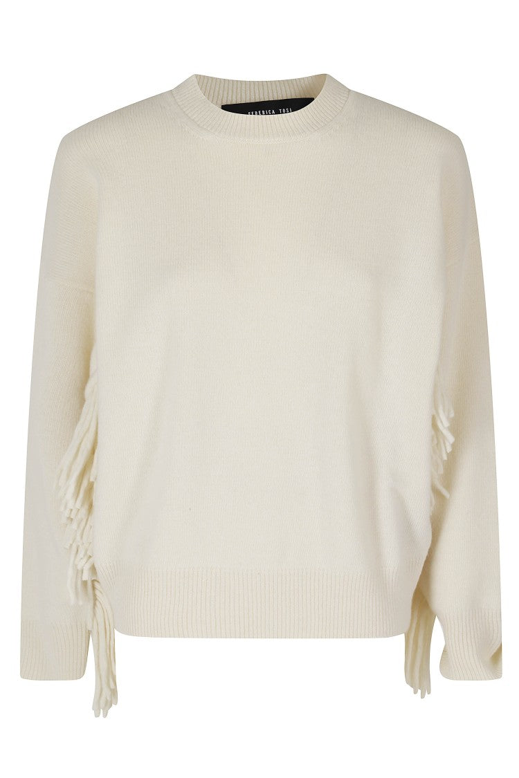 Federica Tosi White Fringed Dropped Shoulders Wool-Blend Sweater
