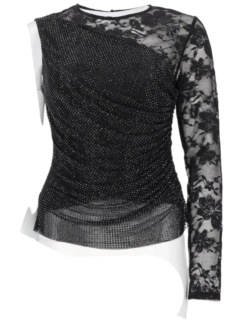 Self-Portrait Asymmetrical Black Top With Sheer Floral Lace Detail