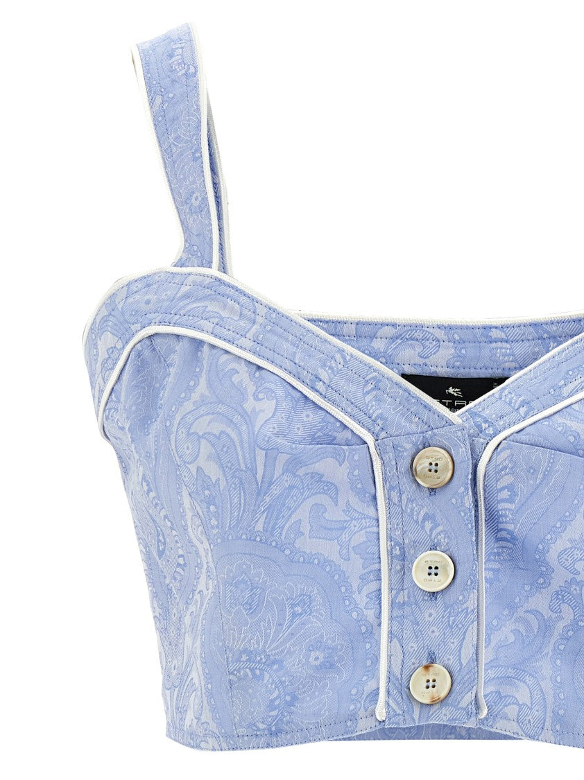 Etro Paisley Print Cotton Top With Satin Piping And Button Closure