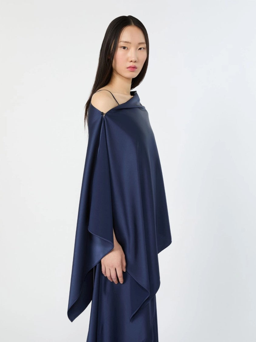 Max Mara Asymmetrical Deep Navy Maxi Dress With Draped Overlay