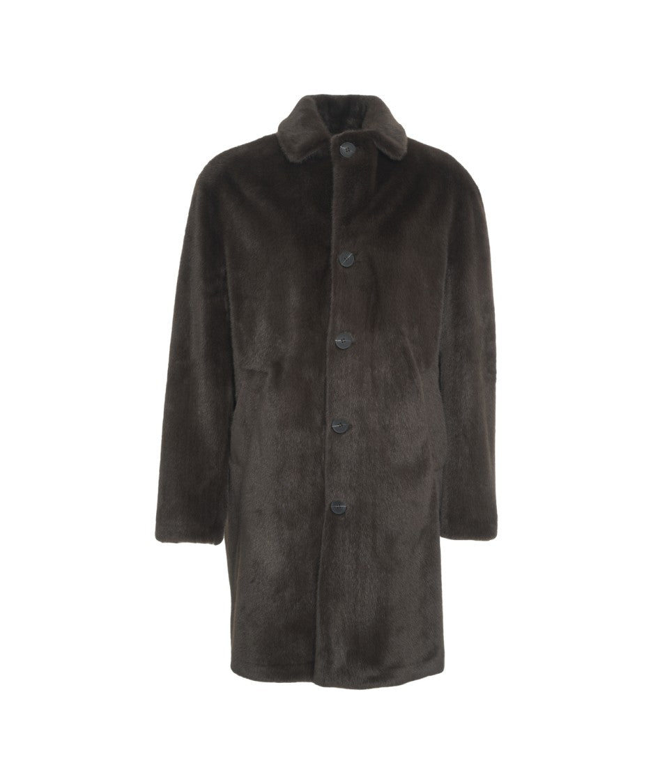 Gimo's Brown Faux Fur Coat With Classic Collar And Button Closure