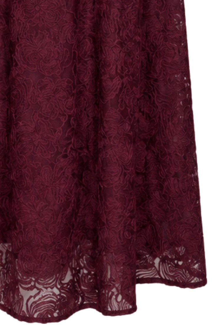 Rotate Burgundy Textured Floral Applique Mesh Flared Maxi Dress
