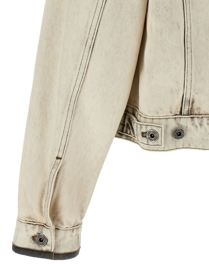 Miu Miu Stone Washed Denim Jacket With Craquelé Leather Accents