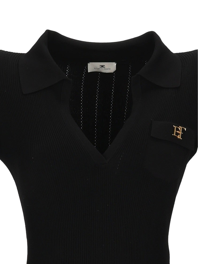 Elisabetta Franchi Ribbed Knit Bodysuit With Deep V-Neckline And Logo Detail