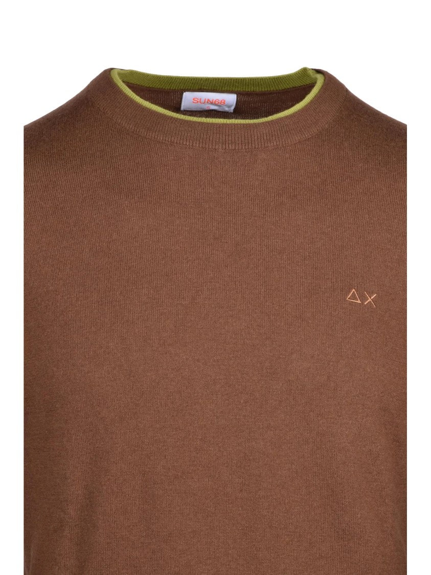 Sun68 Brown Merino Wool-Cotton Crewneck Sweater