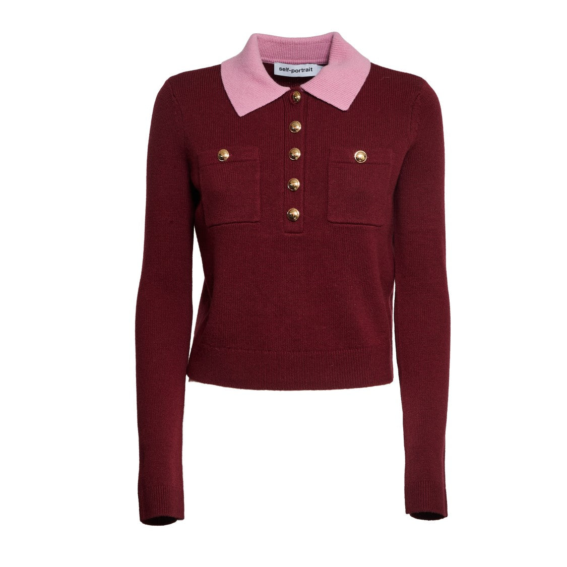 Self-Portrait Burgundy Pink Contrast Collar Knit Top