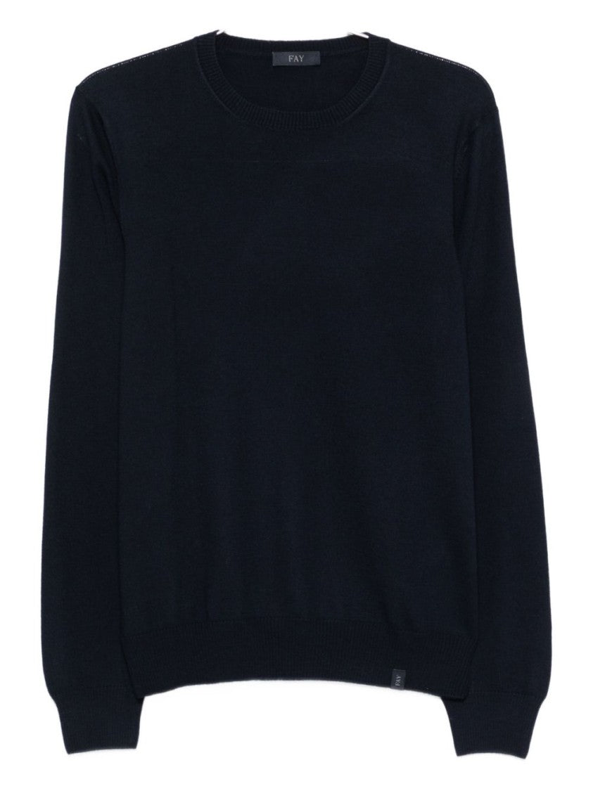 Fay Crew Neck Virgin Wool Sweater In Deep Blue