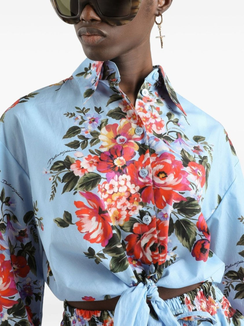 Dolce & Gabbana Floral Print Light Blue Cropped Shirt With Tie Detail